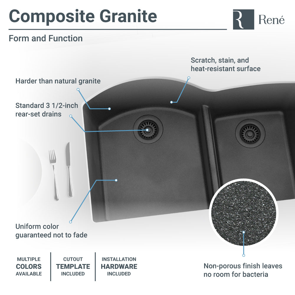 Rene 33" Composite Granite Kitchen Sink, 60/40 Double Bowl, Carbon, R3-1008-CAR-ST-CGS - The Sink Boutique
