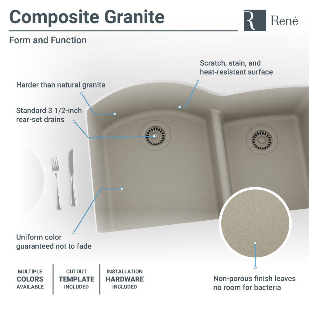 Rene 33" Composite Granite Kitchen Sink, 60/40 Double Bowl, Concrete, R3-1008-CON-ST-CGS - The Sink Boutique