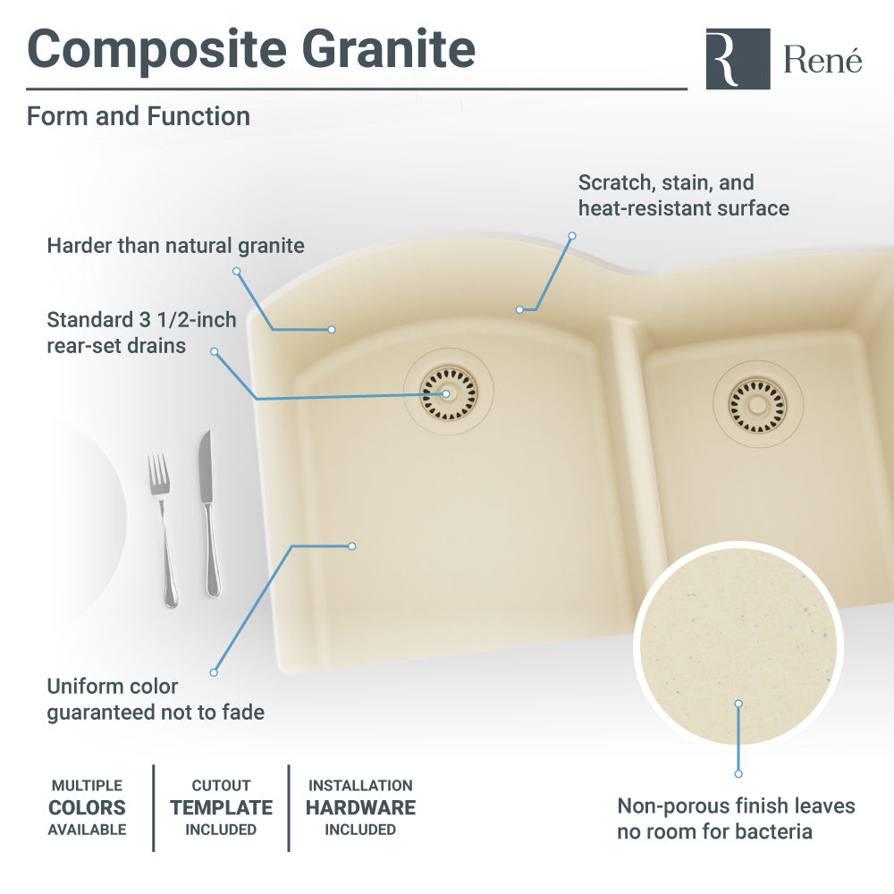 Rene 33" Composite Granite Kitchen Sink, 60/40 Double Bowl, Ecru, R3-1008-ECR-ST-CGS - The Sink Boutique