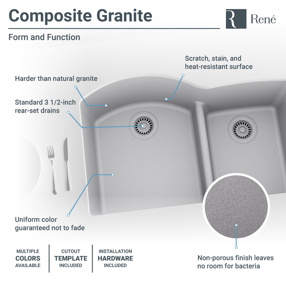 Rene 33" Composite Granite Kitchen Sink, 60/40 Double Bowl, Pewter, R3-1008-PWT-ST-CGF - The Sink Boutique