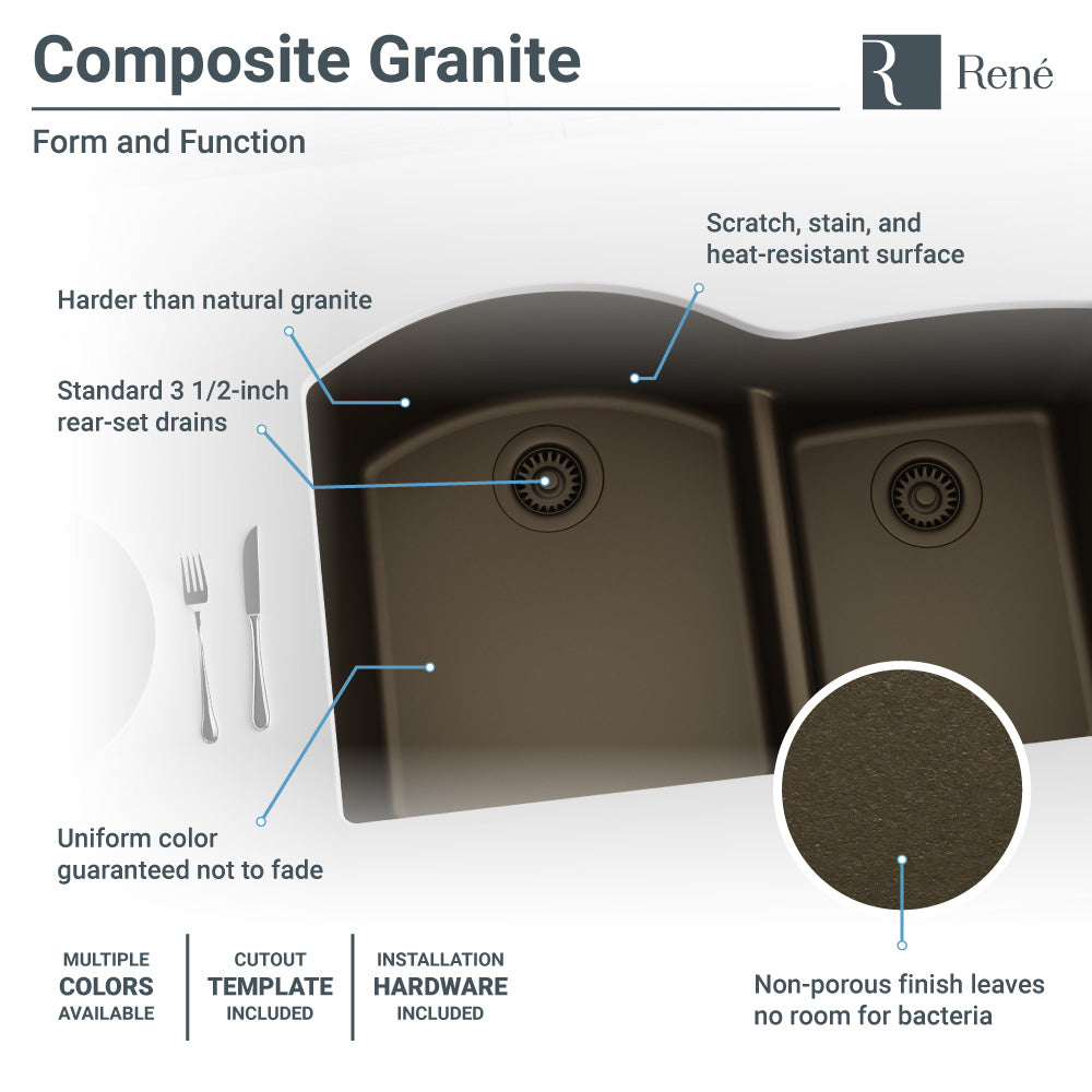 Rene 33" Composite Granite Kitchen Sink, 60/40 Double Bowl, Umber, R3-1008-UMB-ST-CGF - The Sink Boutique