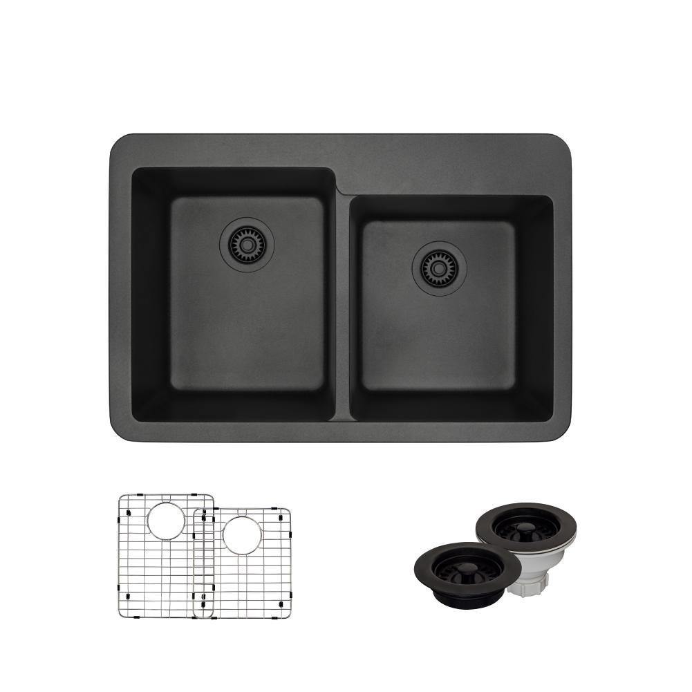 Rene 33" Composite Granite Kitchen Sink, 60/40 Double Bowl, Carbon, R3-2001-CAR-ST-CGF