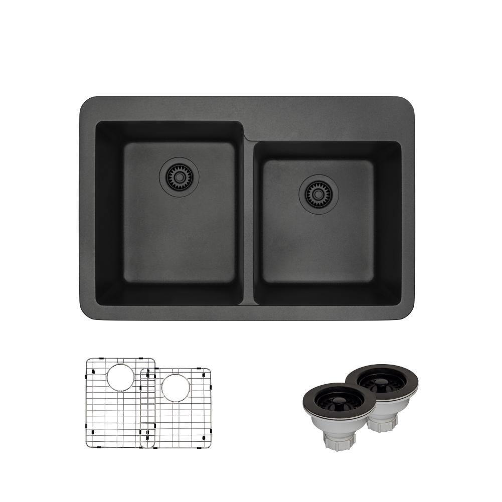 Rene 33" Composite Granite Kitchen Sink, 60/40 Double Bowl, Carbon, R3-2001-CAR-ST-CGS