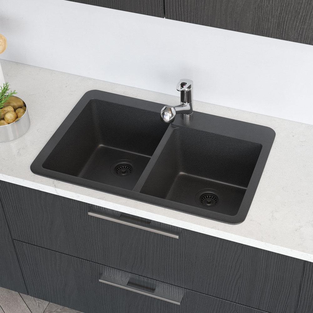 Alternate Image for Rene 33" Composite Granite Kitchen Sink, 60/40 Double Bowl, Carbon, R3-2001-CAR-ST-CGS