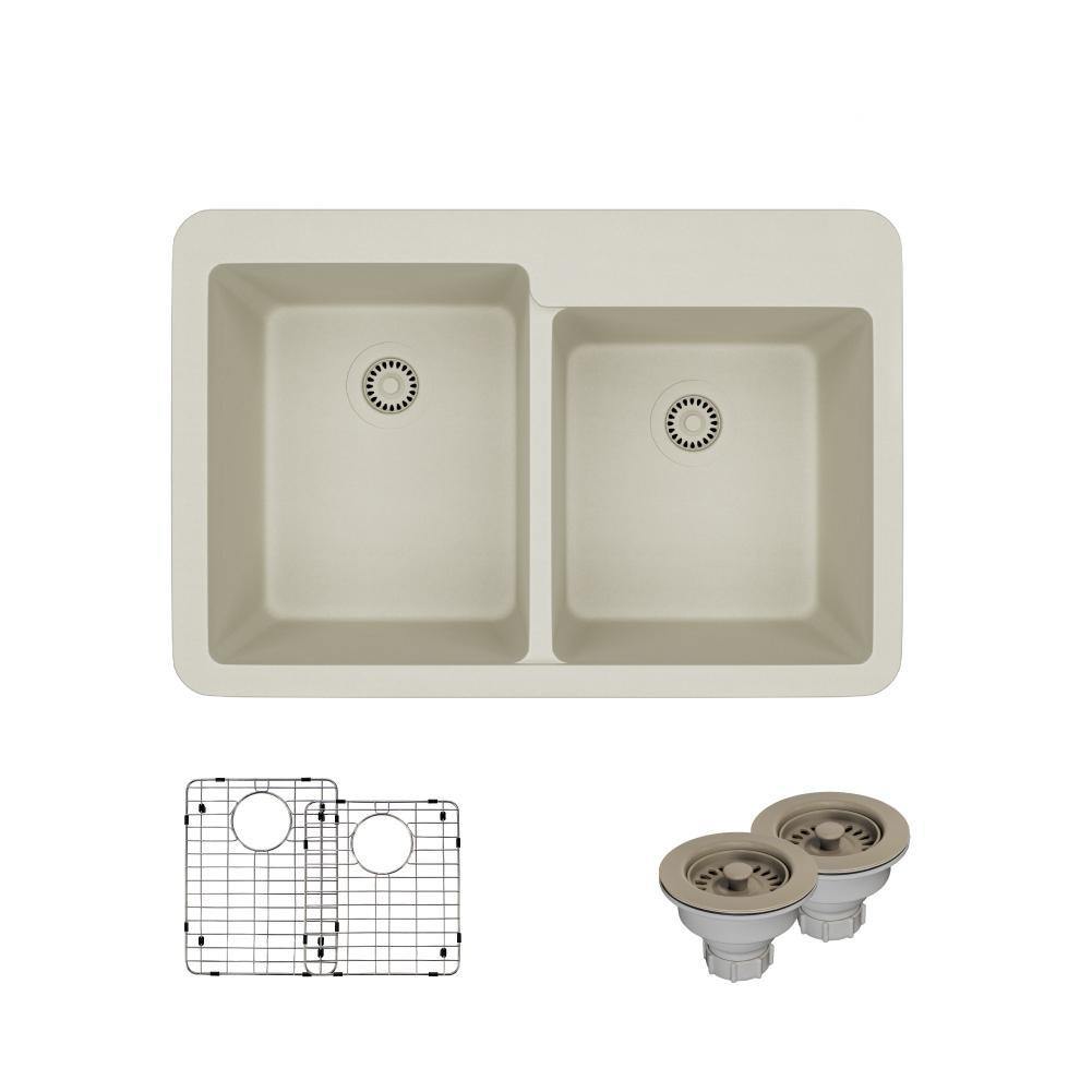 Rene 33" Composite Granite Kitchen Sink, 60/40 Double Bowl, Concrete, R3-2001-CON-ST-CGS