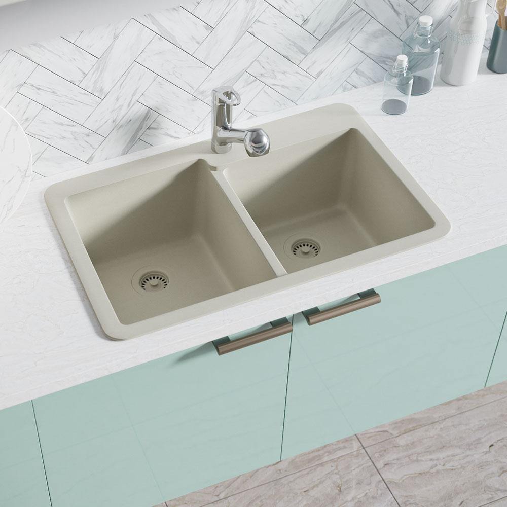 Alternate Image for Rene 33" Composite Granite Kitchen Sink, 60/40 Double Bowl, Concrete, R3-2001-CON-ST-CGS