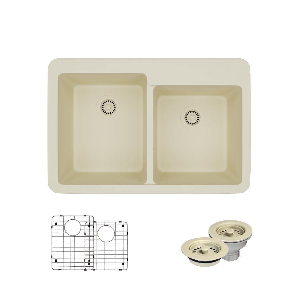 Rene 33" Composite Granite Kitchen Sink, 60/40 Double Bowl, Ecru, R3-2001-ECR-ST-CGF