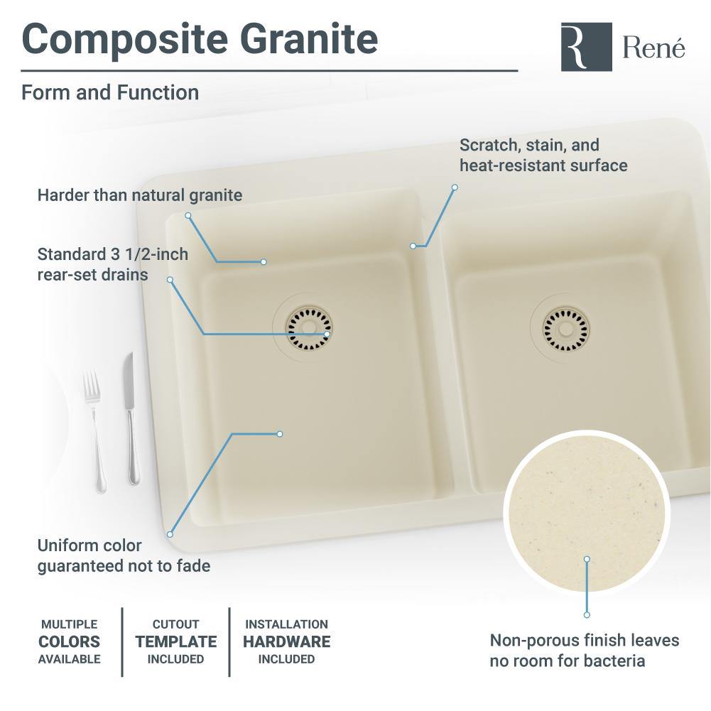 Rene 33" Composite Granite Kitchen Sink, 60/40 Double Bowl, Ecru, R3-2001-ECR-ST-CGF - The Sink Boutique