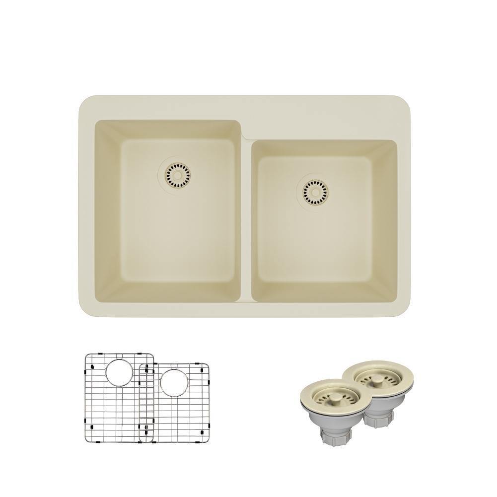 Rene 33" Composite Granite Kitchen Sink, 60/40 Double Bowl, Ecru, R3-2001-ECR-ST-CGS