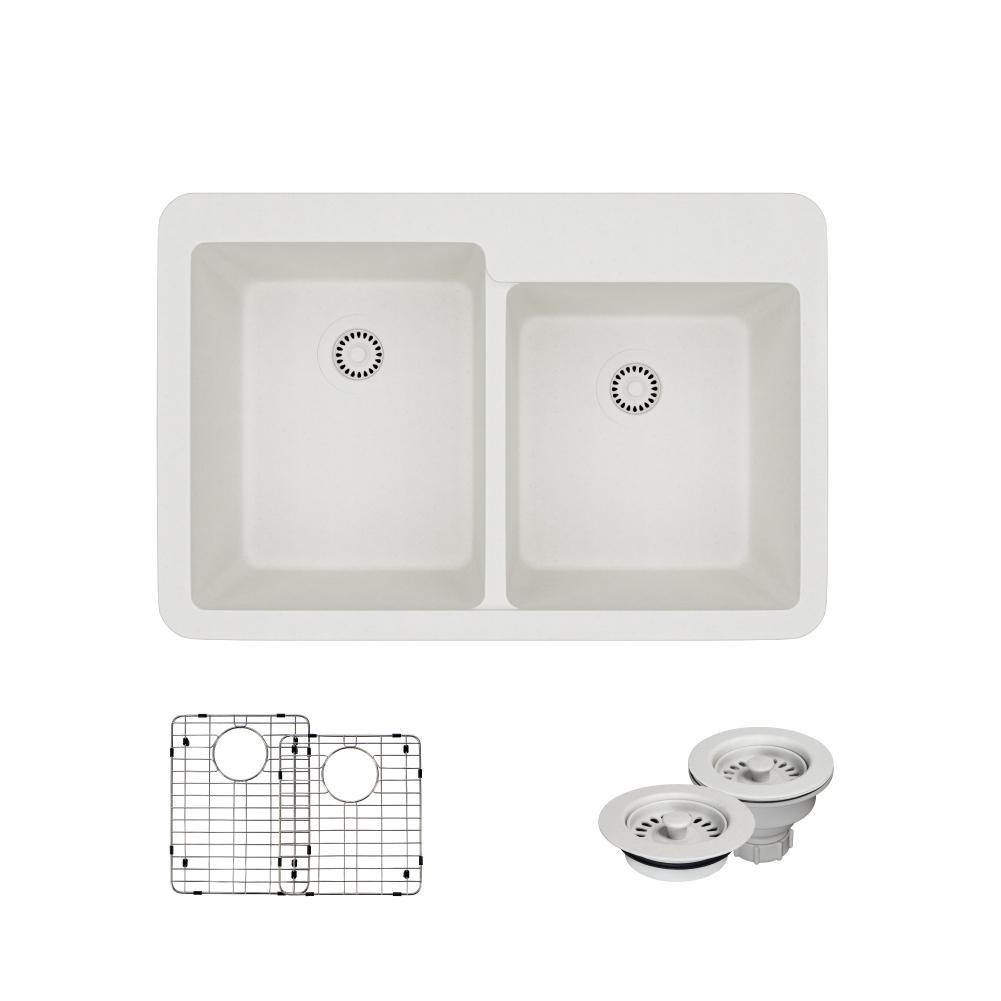 Rene 33" Composite Granite Kitchen Sink, 60/40 Double Bowl, Ivory, R3-2001-IVR-ST-CGF