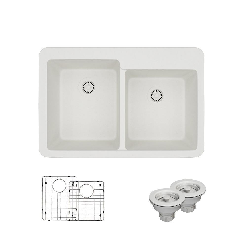 Rene 33" Composite Granite Kitchen Sink, 60/40 Double Bowl, Ivory, R3-2001-IVR-ST-CGS