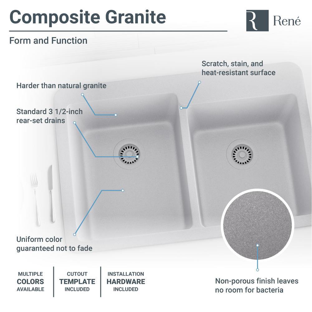 Rene 33" Composite Granite Kitchen Sink, 60/40 Double Bowl, Pewter, R3-2001-PWT-ST-CGF - The Sink Boutique