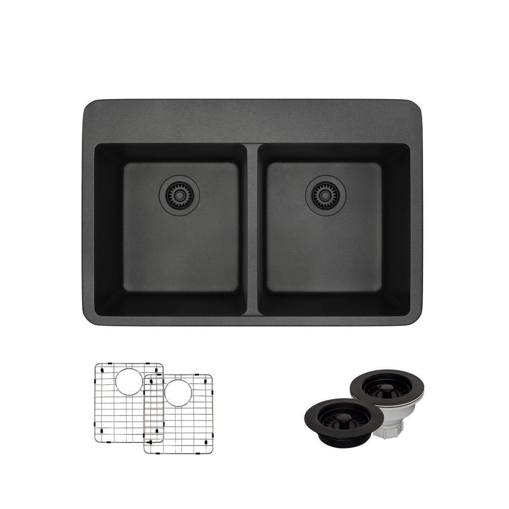Rene 33" Composite Granite Kitchen Sink, 50/50 Double Bowl, Carbon, R3-2002-CAR-ST-CGF