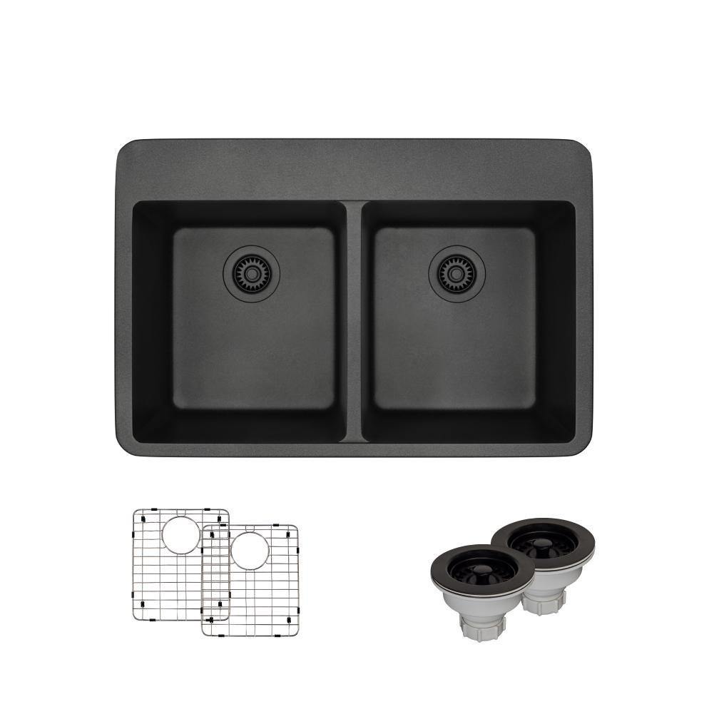 Rene 33" Composite Granite Kitchen Sink, 50/50 Double Bowl, Carbon, R3-2002-CAR-ST-CGS