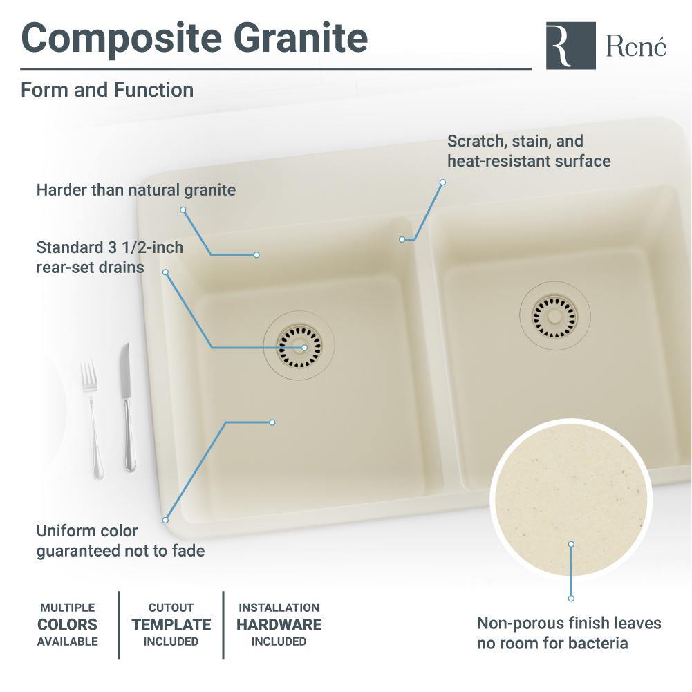 Rene 33" Composite Granite Kitchen Sink, 50/50 Double Bowl, Ecru, R3-2002-ECR-ST-CGF - The Sink Boutique