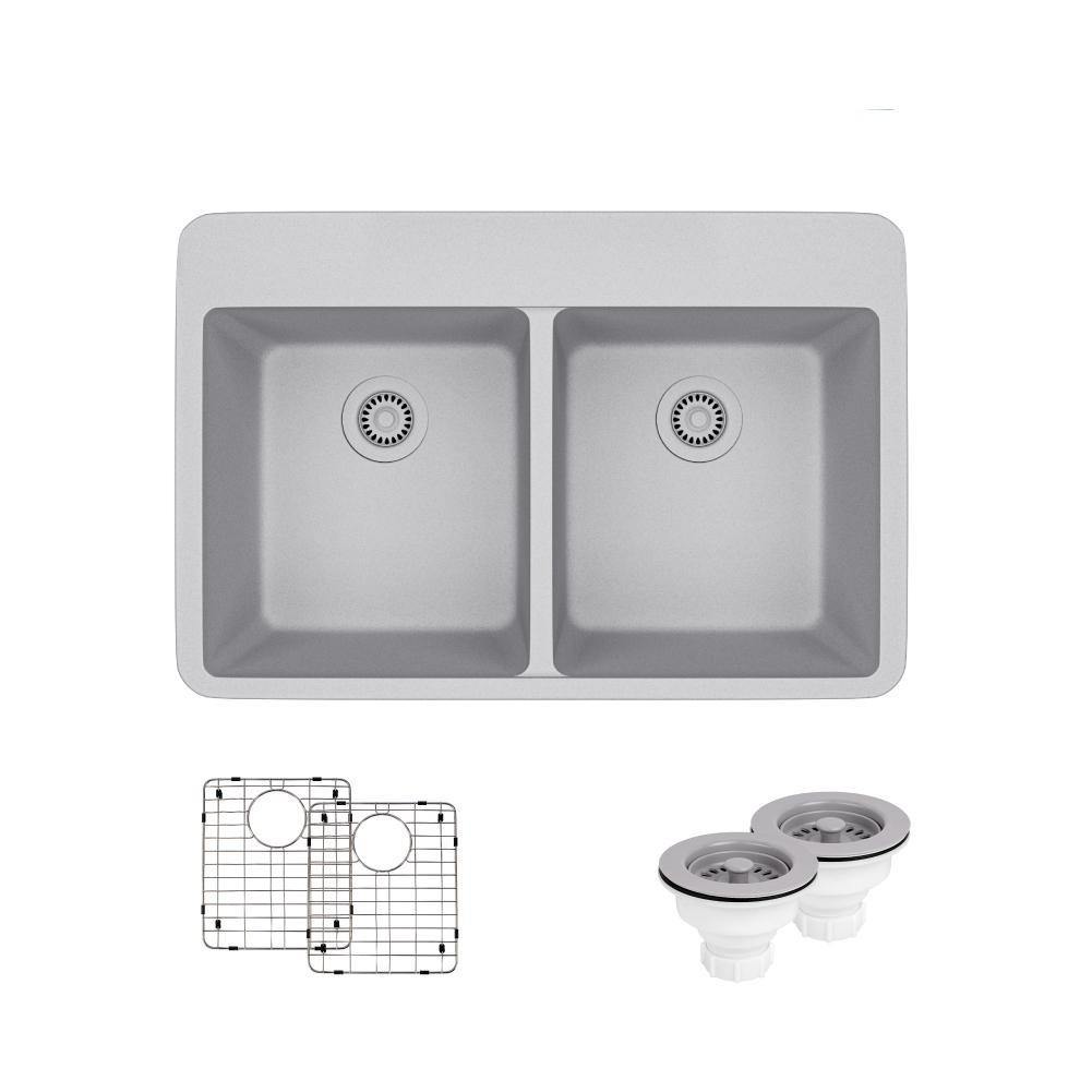 Rene 33" Composite Granite Kitchen Sink, 50/50 Double Bowl, Pewter, R3-2002-PWT-ST-CGS