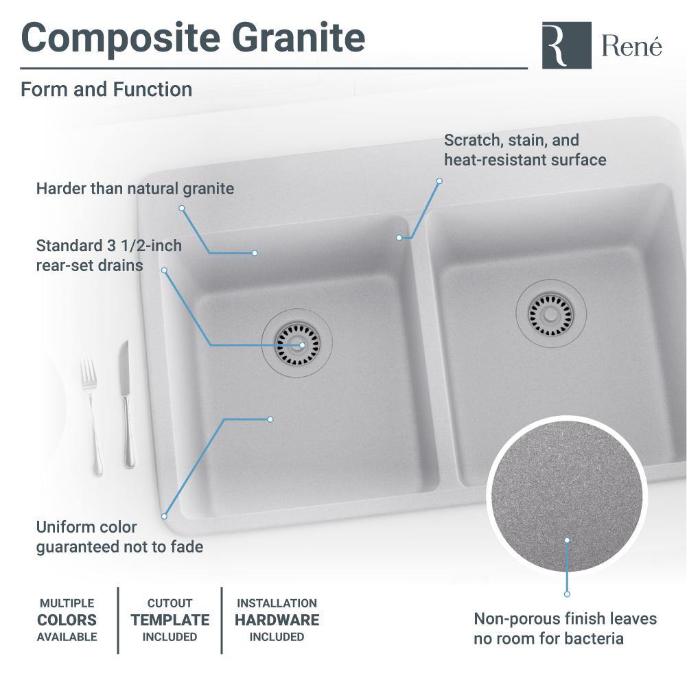 Rene 33" Composite Granite Kitchen Sink, 50/50 Double Bowl, Pewter, R3-2002-PWT-ST-CGS - The Sink Boutique