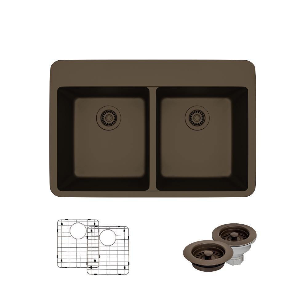 Rene 33" Composite Granite Kitchen Sink, 50/50 Double Bowl, Umber, R3-2002-UMB-ST-CGF