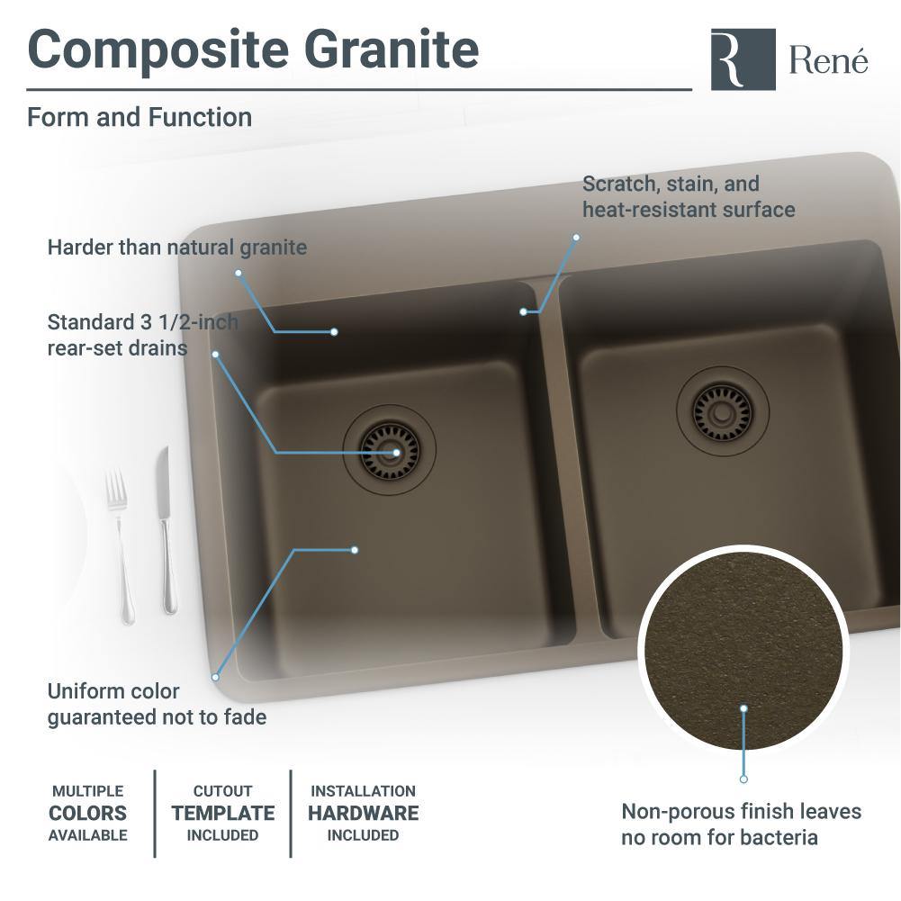 Rene 33" Composite Granite Kitchen Sink, 50/50 Double Bowl, Umber, R3-2002-UMB-ST-CGF - The Sink Boutique