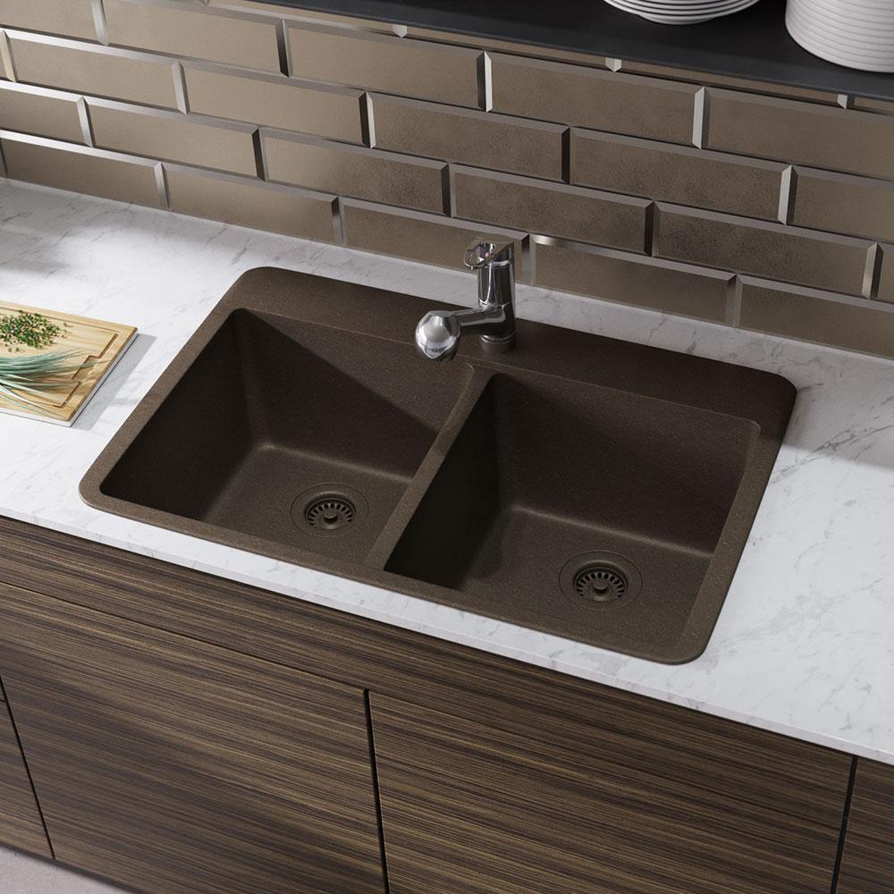 Alternate Image for Rene 33" Composite Granite Kitchen Sink, 50/50 Double Bowl, Umber, R3-2002-UMB-ST-CGS