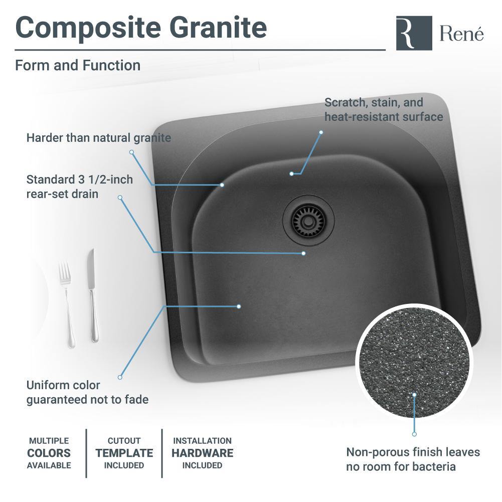 Rene 25" Composite Granite Kitchen Sink, Carbon, R3-2005-CAR-ST-CGS - The Sink Boutique