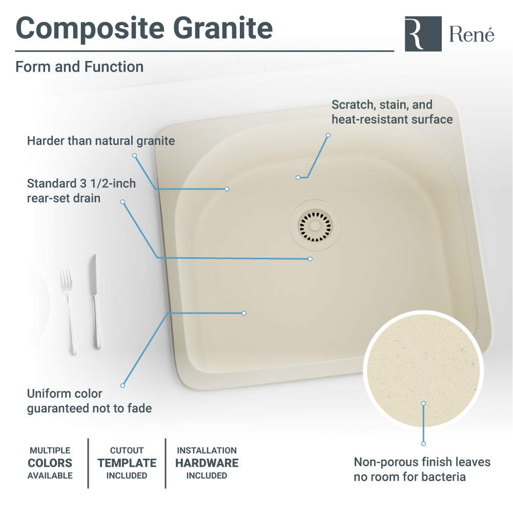 Rene 25" Composite Granite Kitchen Sink, Ecru, R3-2005-ECR-ST-CGS - The Sink Boutique