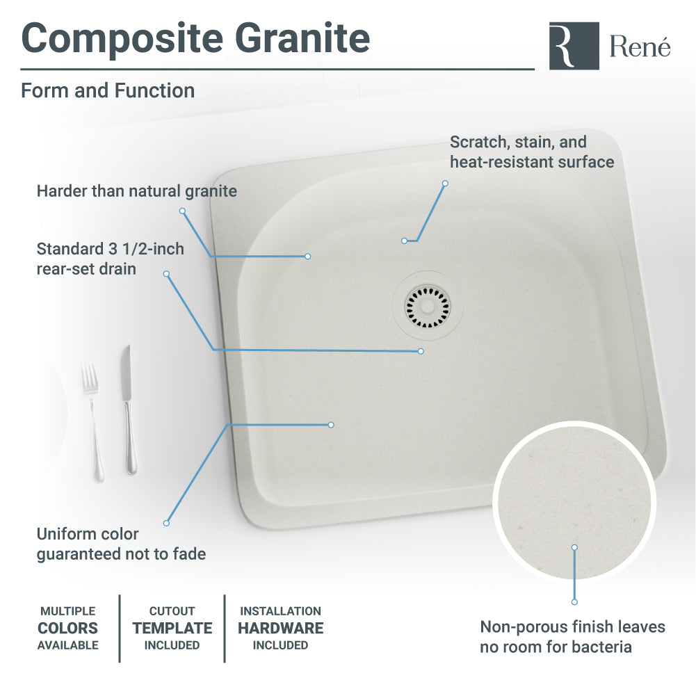Rene 25" Composite Granite Kitchen Sink, Ivory, R3-2005-IVR-ST-CGF - The Sink Boutique