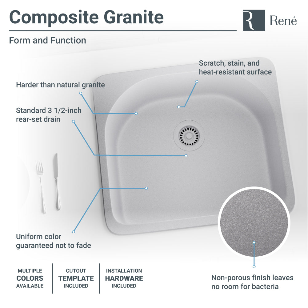 Rene 25" Composite Granite Kitchen Sink, Pewter, R3-2005-PWT-ST-CGS - The Sink Boutique