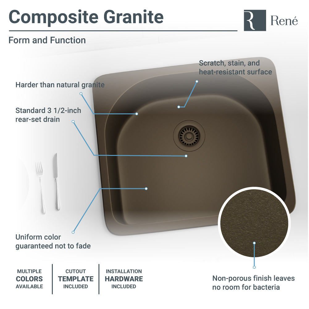 Rene 25" Composite Granite Kitchen Sink, Umber, R3-2005-UMB-ST-CGS - The Sink Boutique
