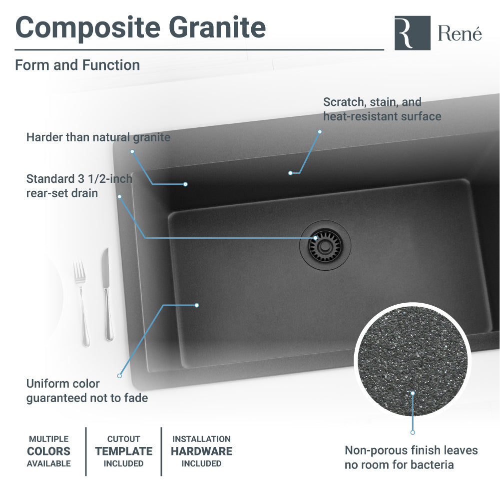 Rene 33" Composite Granite Kitchen Sink, Carbon, R3-2006-CAR-ST-CGF - The Sink Boutique