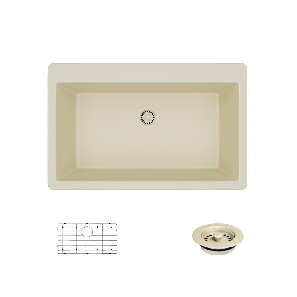 Rene 33" Composite Granite Kitchen Sink, Ecru, R3-2006-ECR-ST-CGF