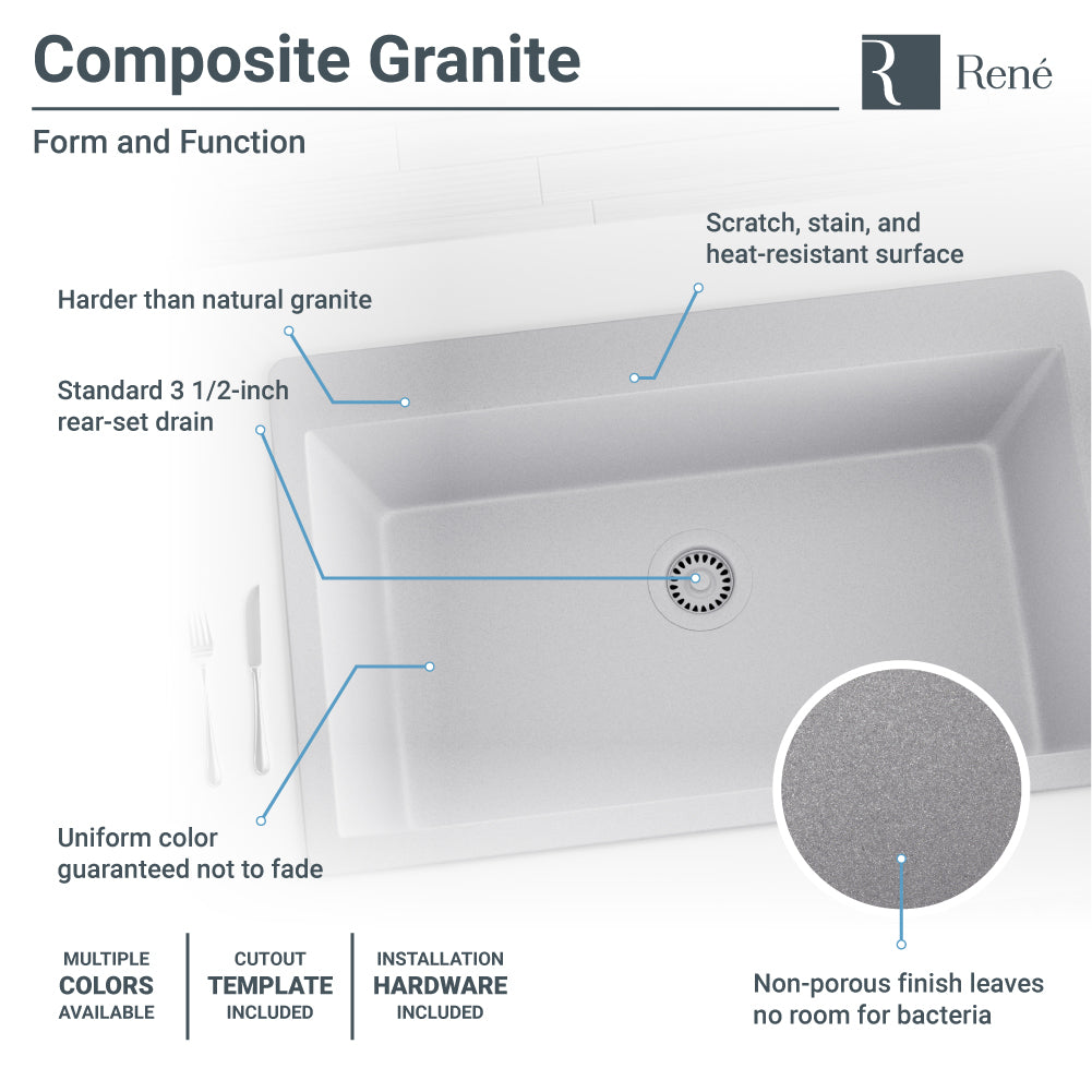 Rene 33" Composite Granite Kitchen Sink, Pewter, R3-2006-PWT-ST-CGS - The Sink Boutique