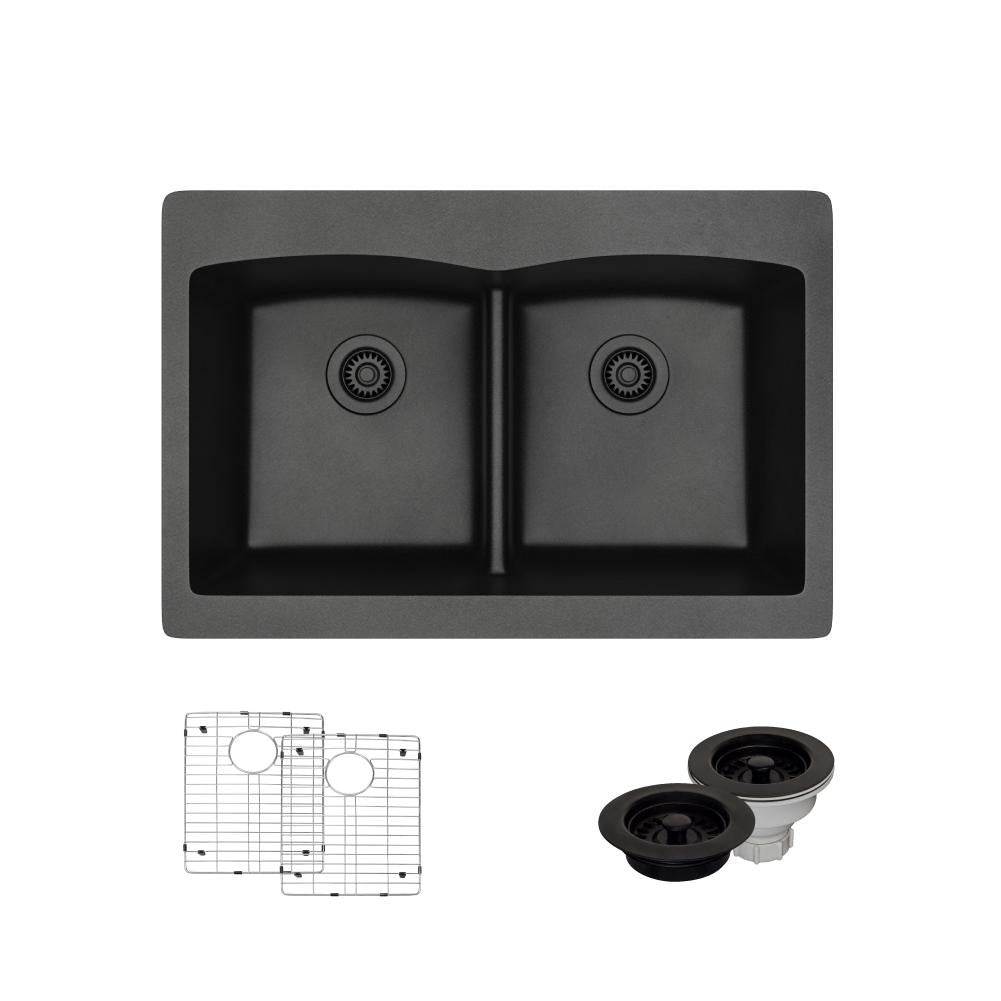 Rene 33" Composite Granite Kitchen Sink, 50/50 Double Bowl, Carbon, R3-2007-CAR-ST-CGF