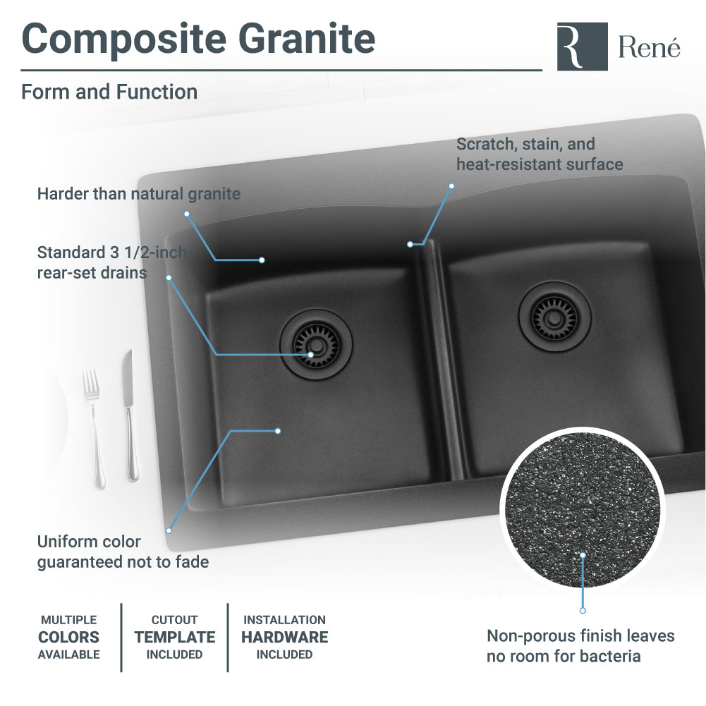 Rene 33" Composite Granite Kitchen Sink, 50/50 Double Bowl, Carbon, R3-2007-CAR-ST-CGF - The Sink Boutique