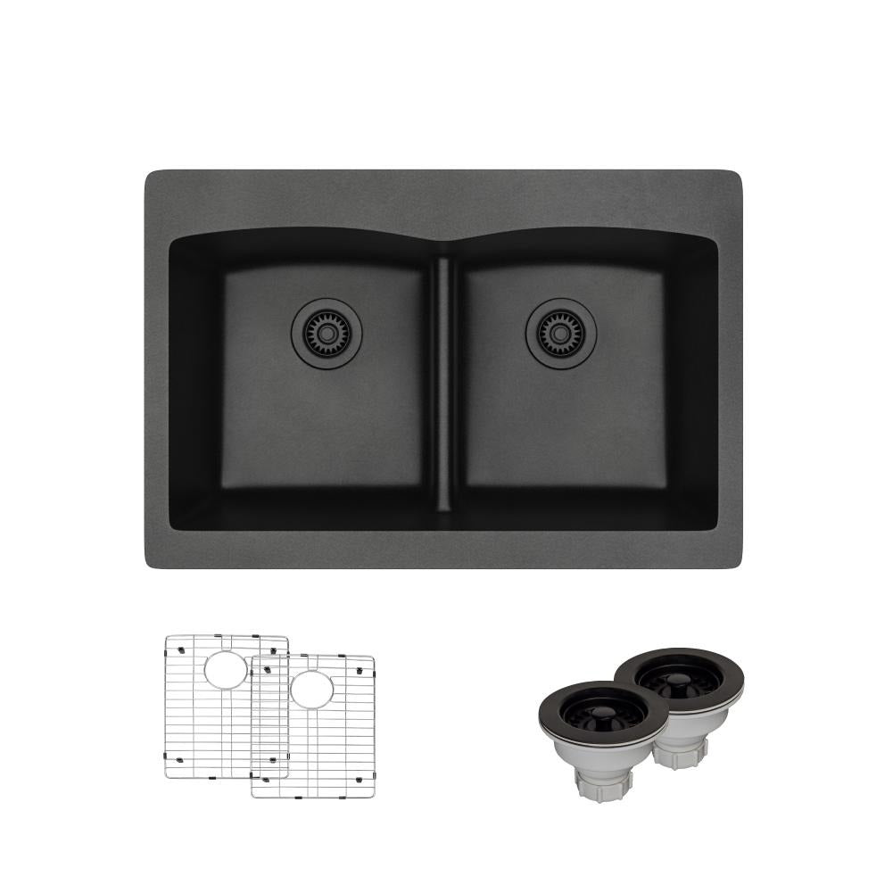 Rene 33" Composite Granite Kitchen Sink, 50/50 Double Bowl, Carbon, R3-2007-CAR-ST-CGS