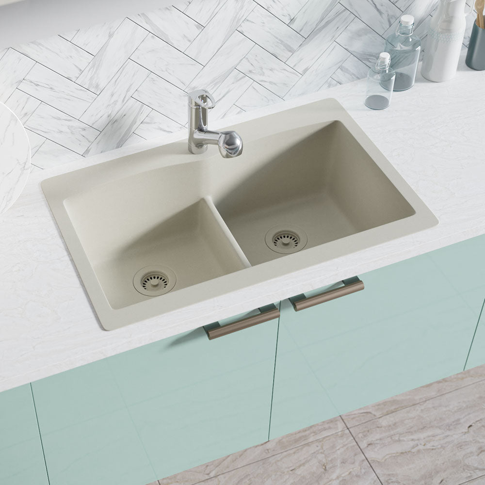 Alternate Image for Rene 33" Composite Granite Kitchen Sink, 50/50 Double Bowl, Concrete, R3-2007-CON-ST-CGF