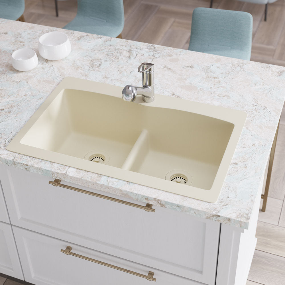 Alternate Image for Rene 33" Composite Granite Kitchen Sink, 50/50 Double Bowl, Ecru, R3-2007-ECR-ST-CGS