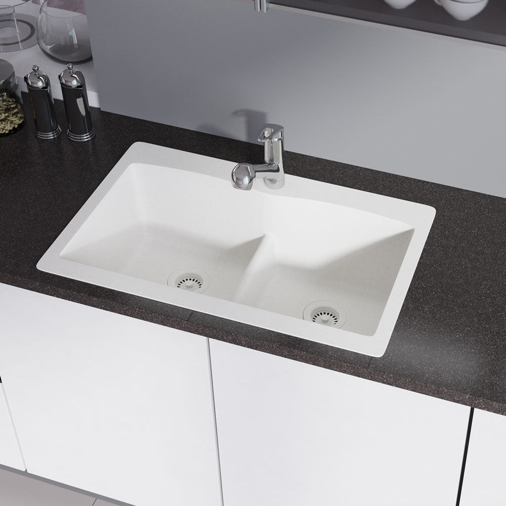 Alternate Image for Rene 33" Composite Granite Kitchen Sink, 50/50 Double Bowl, Ivory, R3-2007-IVR-ST-CGF