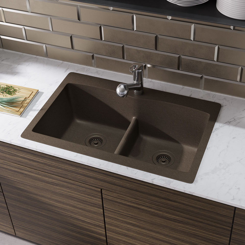 Alternate Image for Rene 33" Composite Granite Kitchen Sink, 50/50 Double Bowl, Umber, R3-2007-UMB-ST-CGS