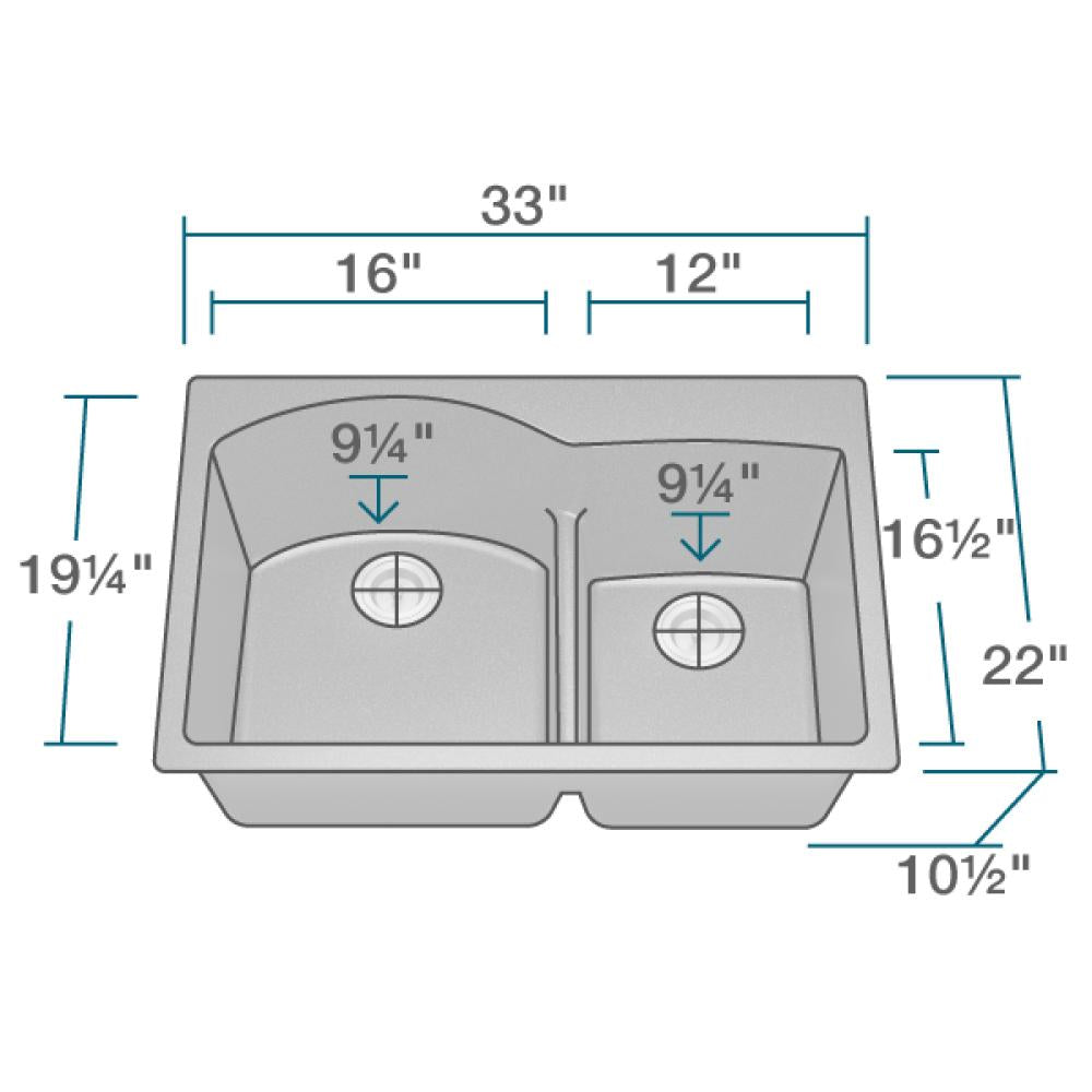 Alternate Image for Rene 33" Composite Granite Kitchen Sink, 60/40 Double Bowl, Carbon, R3-2008-CAR-ST-CGF