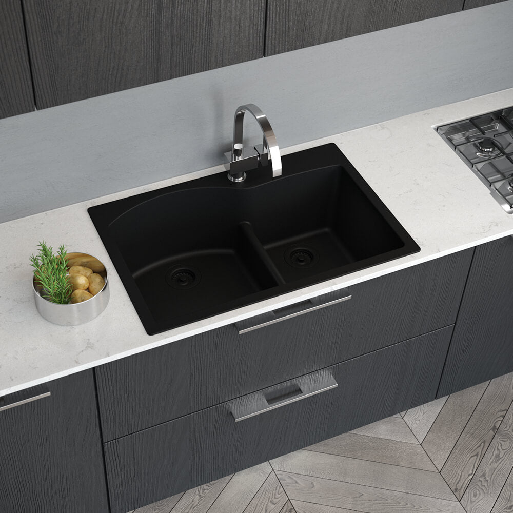 Alternate Image for Rene 33" Composite Granite Kitchen Sink, 60/40 Double Bowl, Carbon, R3-2008-CAR-ST-CGS