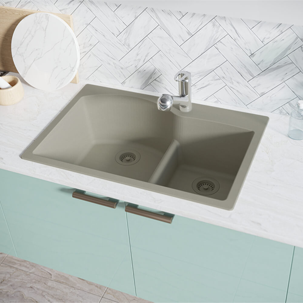 Alternate Image for Rene 33" Composite Granite Kitchen Sink, 60/40 Double Bowl, Concrete, R3-2008-CON-ST-CGF