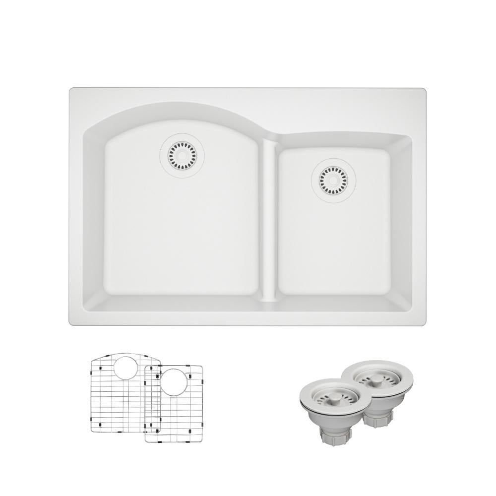 Rene 33" Composite Granite Kitchen Sink, 60/40 Double Bowl, Ivory, R3-2008-IVR-ST-CGS