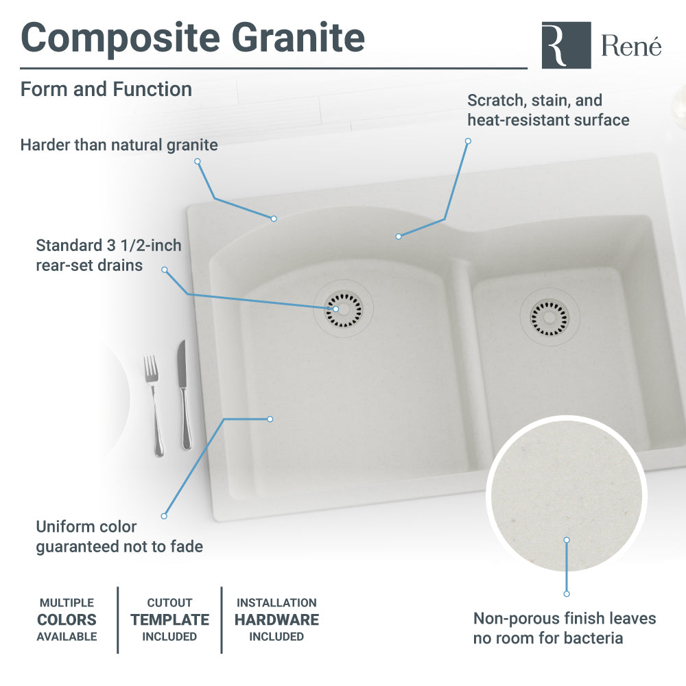 Rene 33" Composite Granite Kitchen Sink, 60/40 Double Bowl, Ivory, R3-2008-IVR-ST-CGS - The Sink Boutique