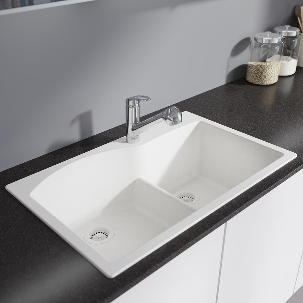 Alternate Image for Rene 33" Composite Granite Kitchen Sink, 60/40 Double Bowl, Ivory, R3-2008-IVR-ST-CGS