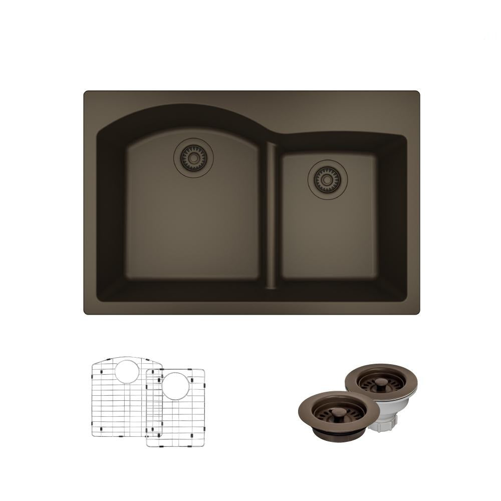 Rene 33" Composite Granite Kitchen Sink, 60/40 Double Bowl, Umber, R3-2008-UMB-ST-CGF