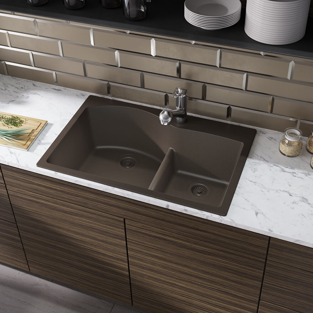 Alternate Image for Rene 33" Composite Granite Kitchen Sink, 60/40 Double Bowl, Umber, R3-2008-UMB-ST-CGF
