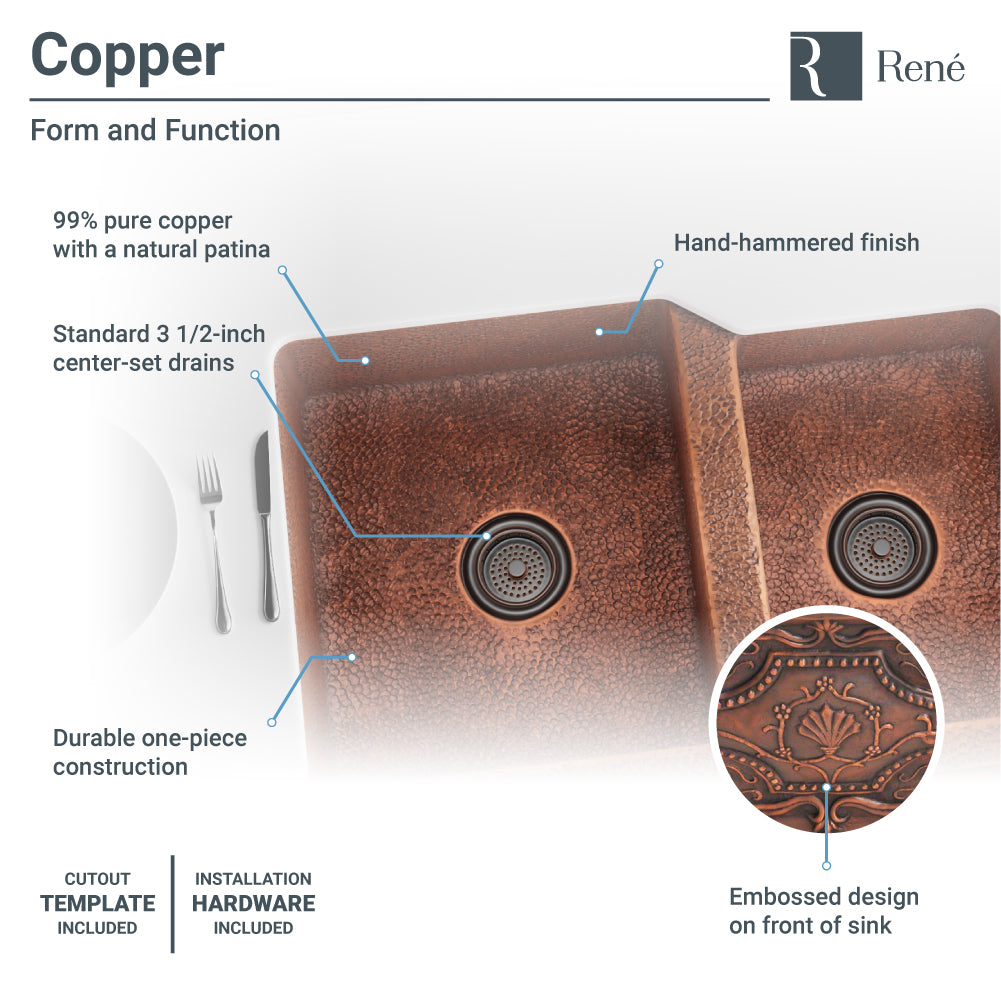 Rene 33" Copper Farmhouse Sink, 60/40 Double Bowl, R4-3001-ST-C - The Sink Boutique