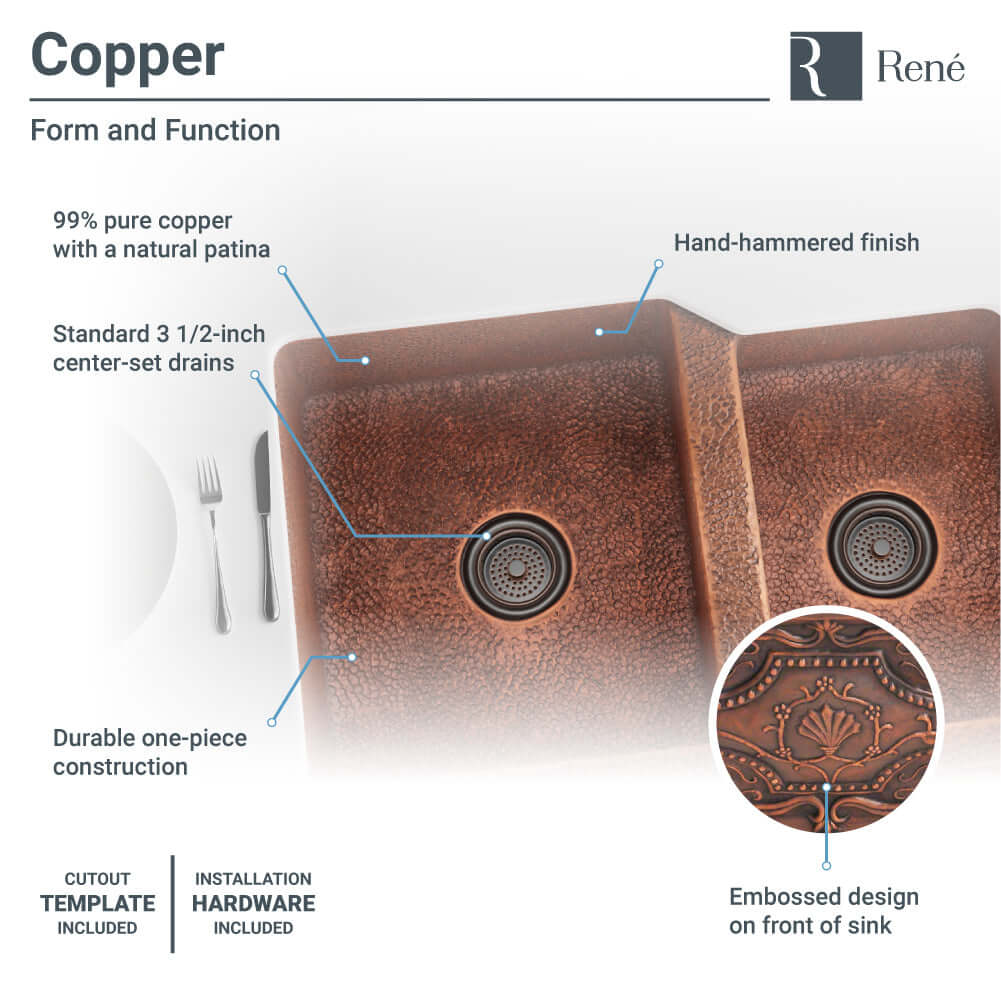 Alternate Image for Rene 33" Copper Farmhouse Sink, 60/40 Double Bowl, R4-3001-ST-C