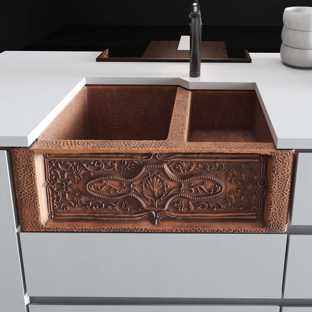 Alternate Image for Rene 33" Copper Farmhouse Sink, 60/40 Double Bowl, R4-3001-ST-C